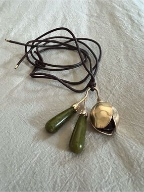 Zara Green stone Drop Pendant Necklace with gold Floral Charm, stone inside